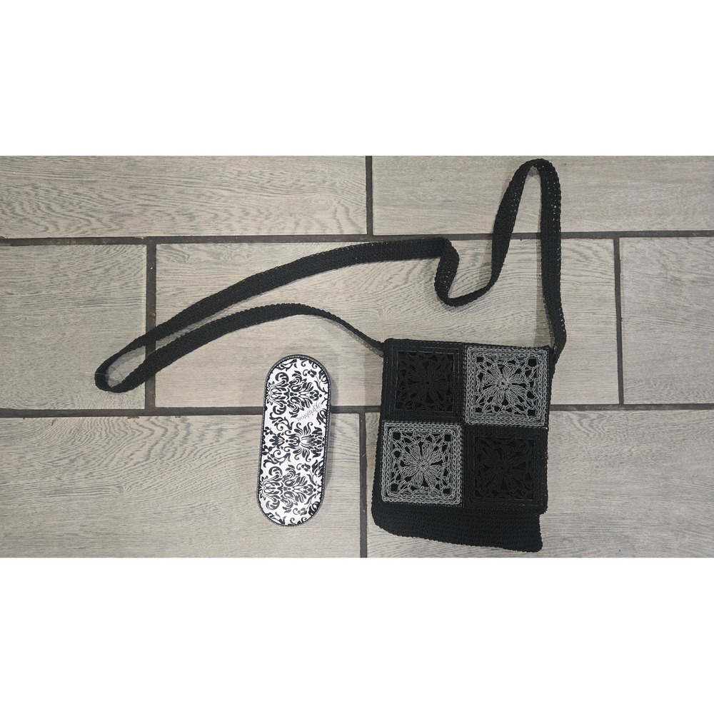 Jackson Crochet Crossbody Bag Black Grey Floral Square Woven Strap  Brighton Tin